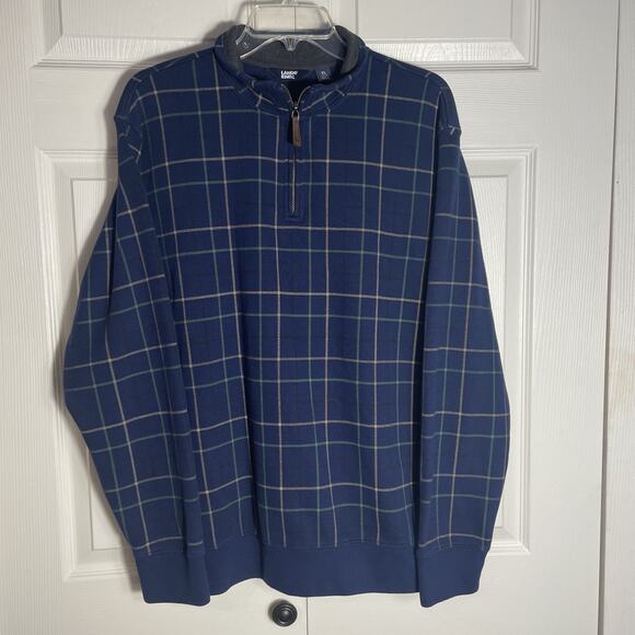 Lands End Sweater Men XL Blue Green Plaid 1/4 Zip Knit Pullover Collared - Picture 1 of 13